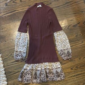 Veronica Beard Burgundy Dress with Patterned Sleeves